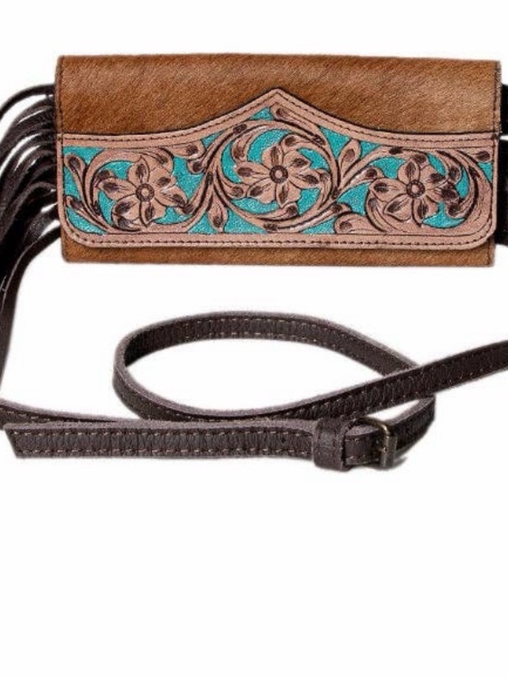 OLAY Brown Leather Floral Tooled Crossbody with Turquoise Inlay